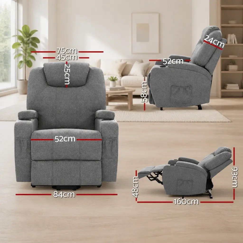 Recliner Chair Massage Heated Adjustable Backrest for Living Room Grey