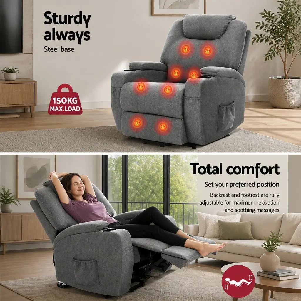 Recliner Chair Massage Heated Adjustable Backrest for Living Room Grey
