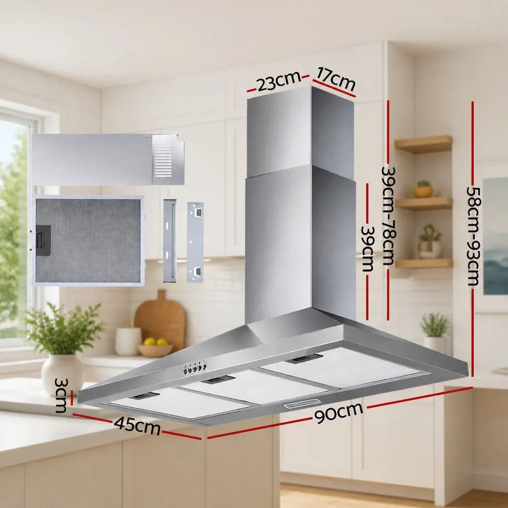 900mm Stainless Steel Range Hood 90cm Wall Mounted Kitchen Cooktop Extractor Fan