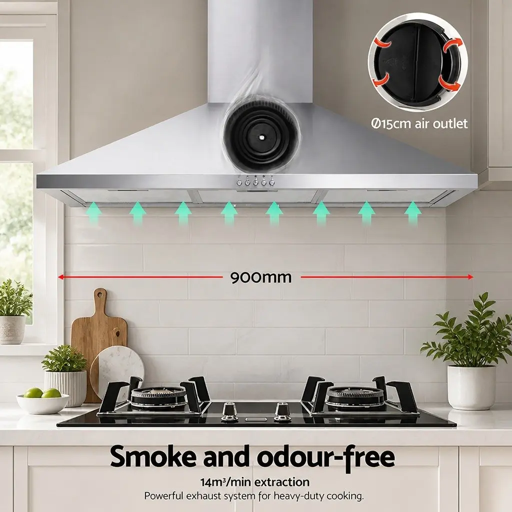 900mm Stainless Steel Range Hood 90cm Wall Mounted Kitchen Cooktop Extractor Fan