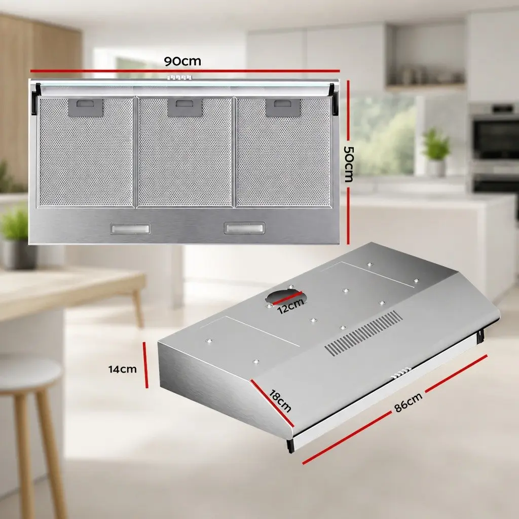 90cm Range Hood Kitchen Stainless Steel Glass Visor 3-Speed