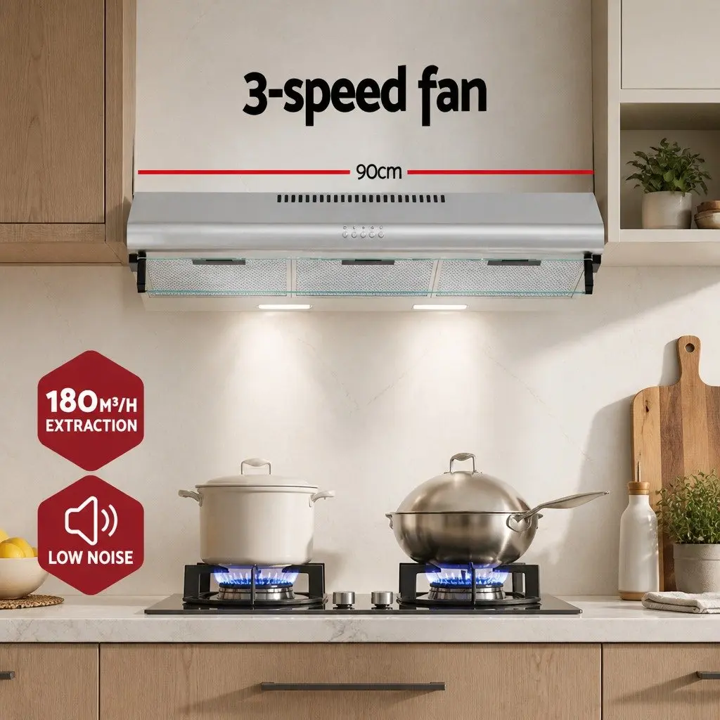 90cm Range Hood Kitchen Stainless Steel Glass Visor 3-Speed