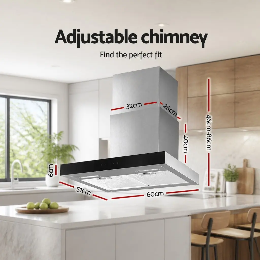 Range Hood Wall Mounted Kitchen 60cm Black Tempered Glass
