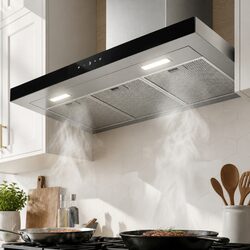 90cm Stainless Steel Rangehood with Black Glass Features