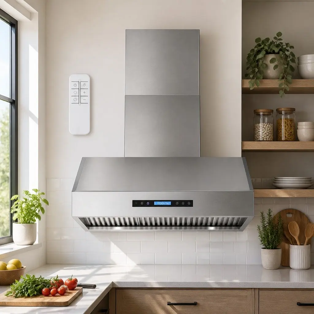 Wall-Mounted Range Hood 900mm 3-Speed Fan LED Display Remote Control Silver