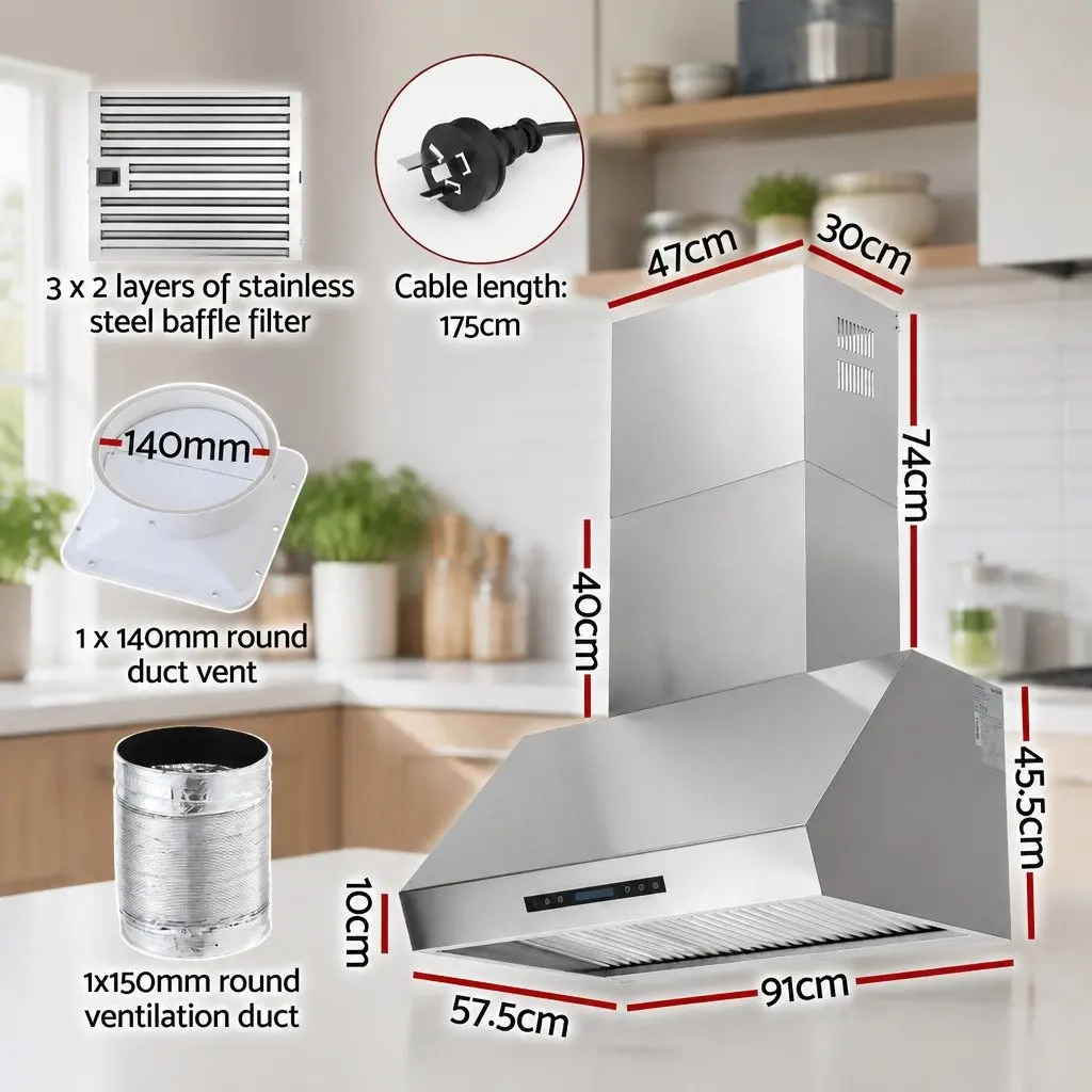 Wall-Mounted Range Hood 900mm 3-Speed Fan LED Display Remote Control Silver