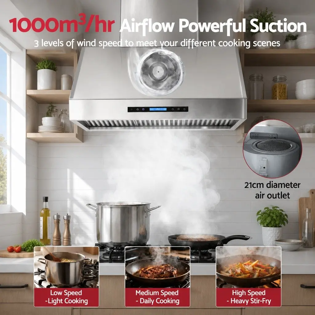 Wall-Mounted Range Hood 900mm 3-Speed Fan LED Display Remote Control Silver