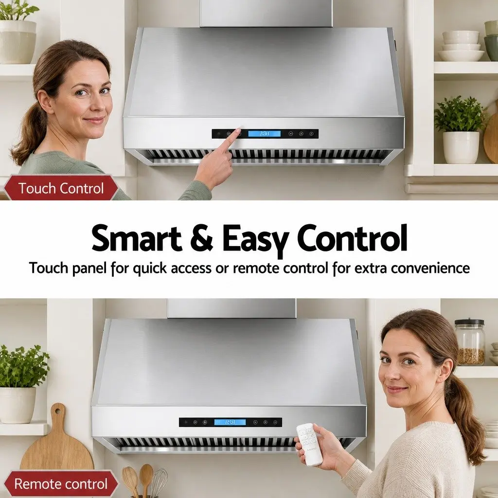 Wall-Mounted Range Hood 900mm 3-Speed Fan LED Display Remote Control Silver