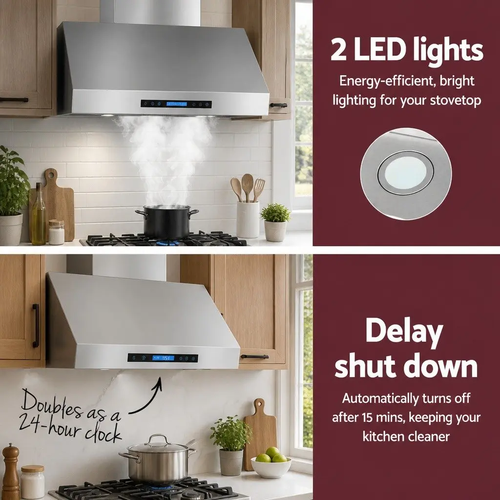 Wall-Mounted Range Hood 900mm 3-Speed Fan LED Display Remote Control Silver