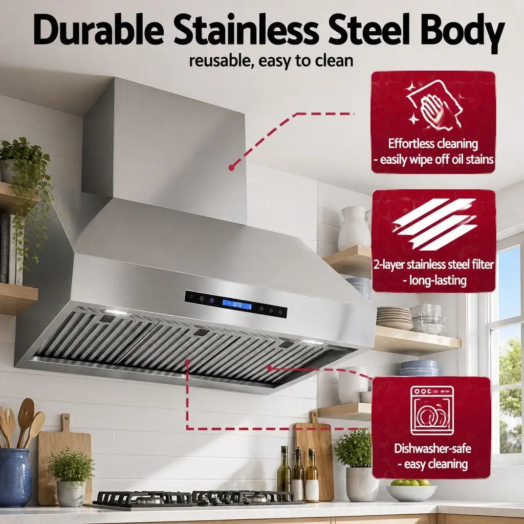 Wall-Mounted Range Hood 900mm 3-Speed Fan LED Display Remote Control Silver