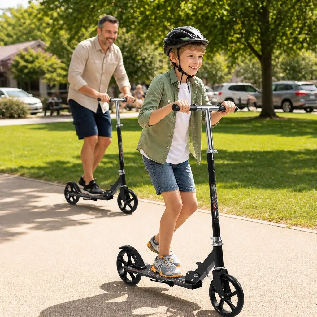 Folding Push Scooter Dual Large Wheels Adjustable Height Kids Teens Adults