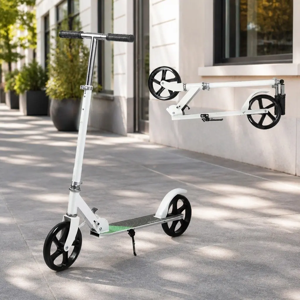 Folding Push Scooter Dual Large Wheels Adjustable Height Teens Adults White