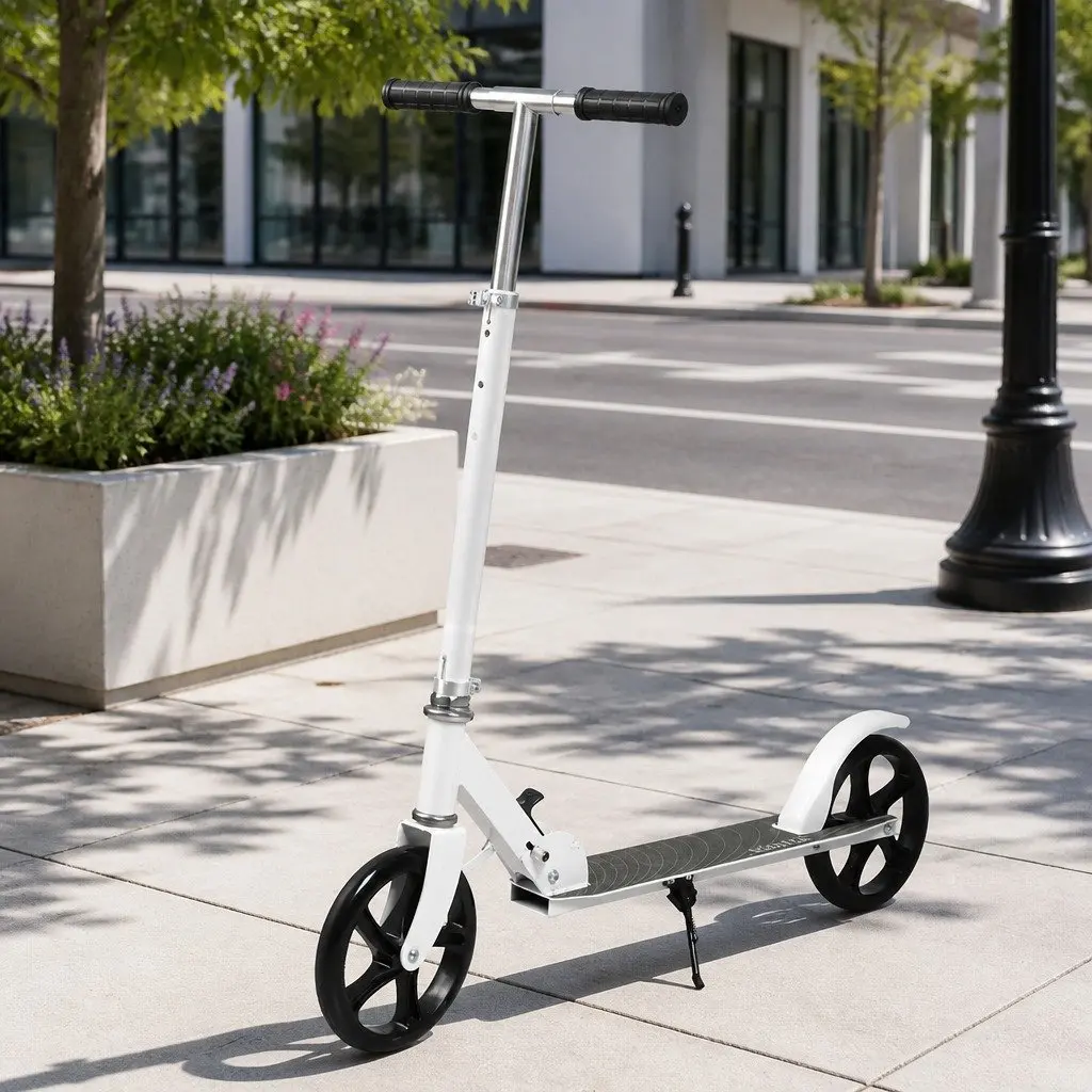 Folding Push Scooter Dual Large Wheels Adjustable Height Teens Adults White