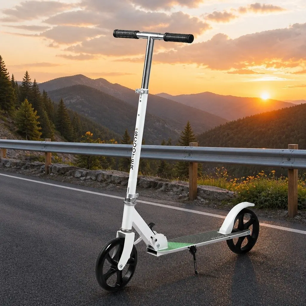 Folding Push Scooter Dual Large Wheels Adjustable Height Teens Adults White