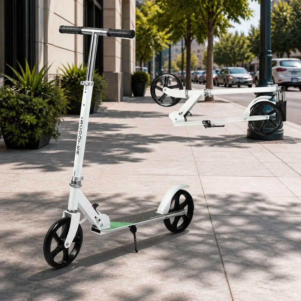 Folding Push Scooter Dual Large Wheels Adjustable Height Teens Adults White