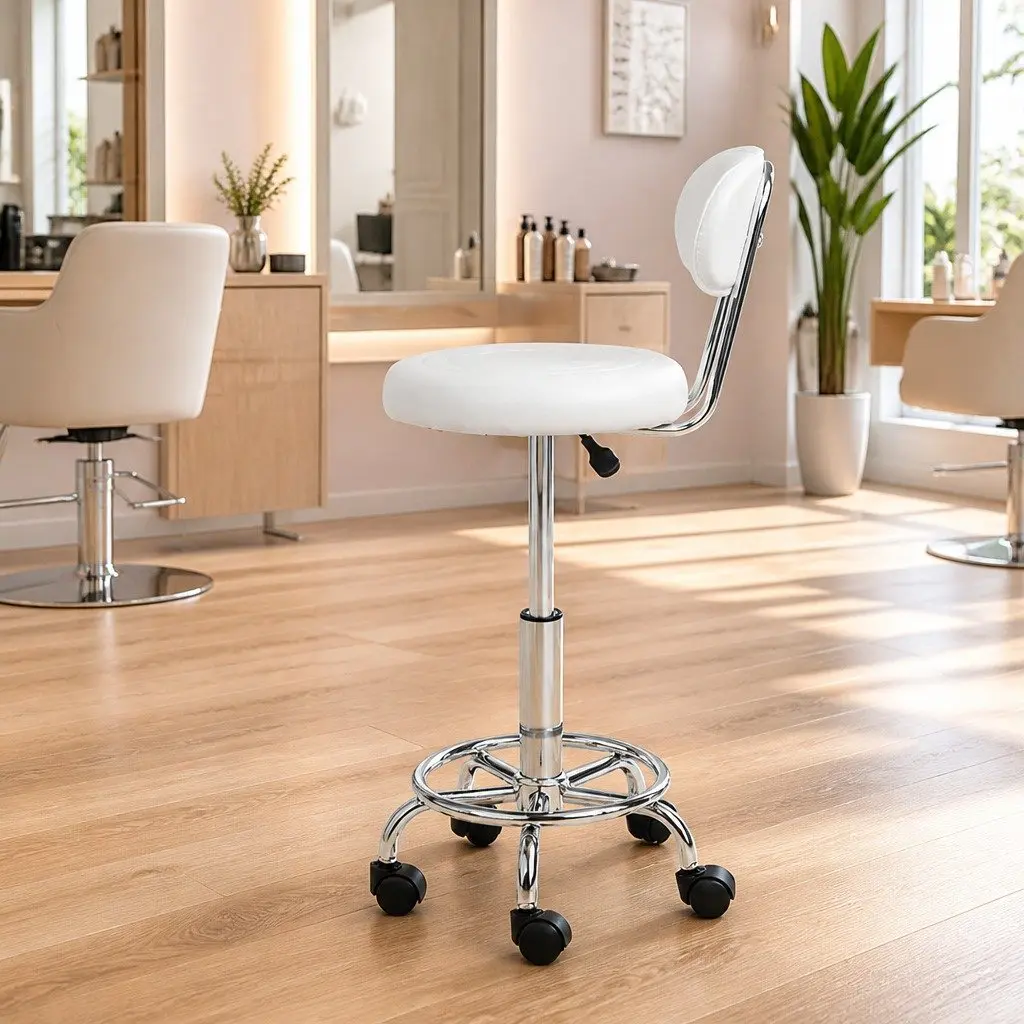 Salon Stool Swivel Chair for Salon Use White Adjustable Height 360 Degree Rotation