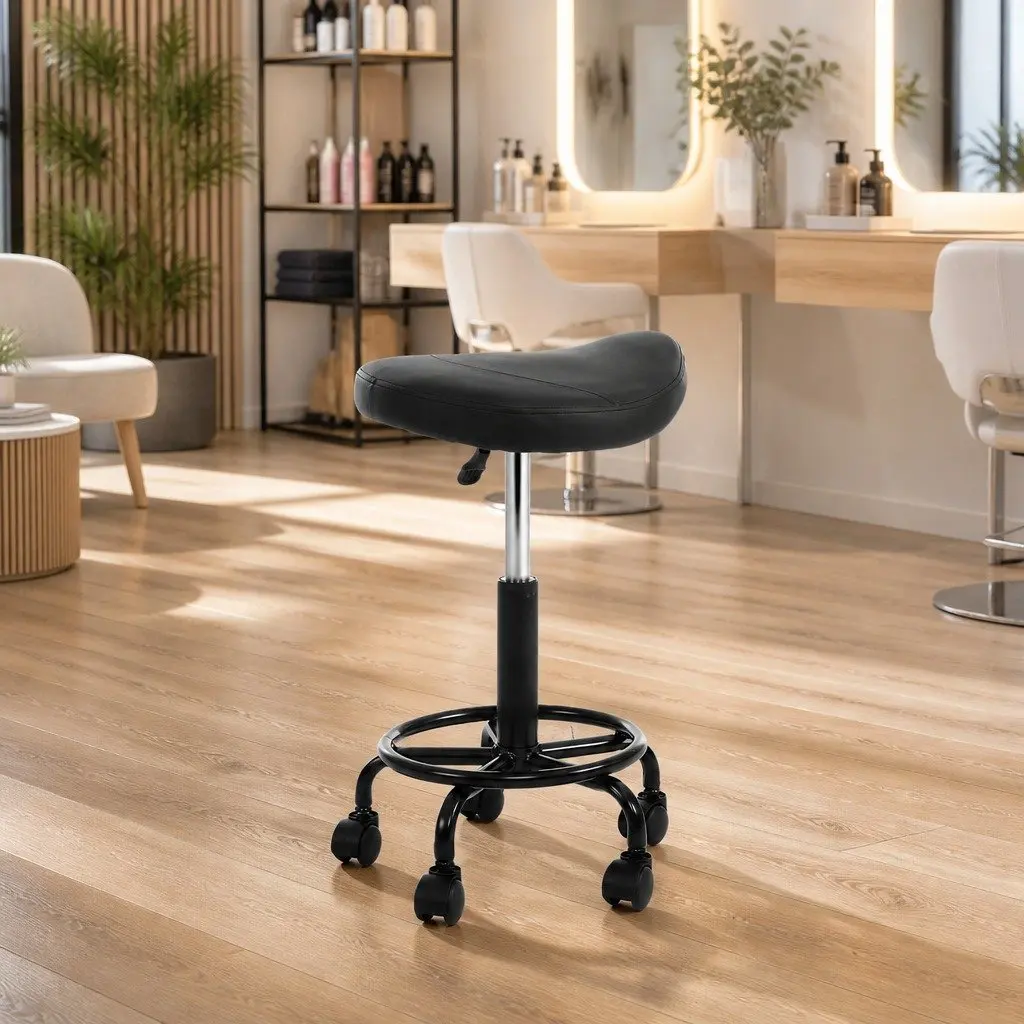 Salon Stool Saddle Swivel Chair Adjustable Height Black PU Leather Comfort Seat