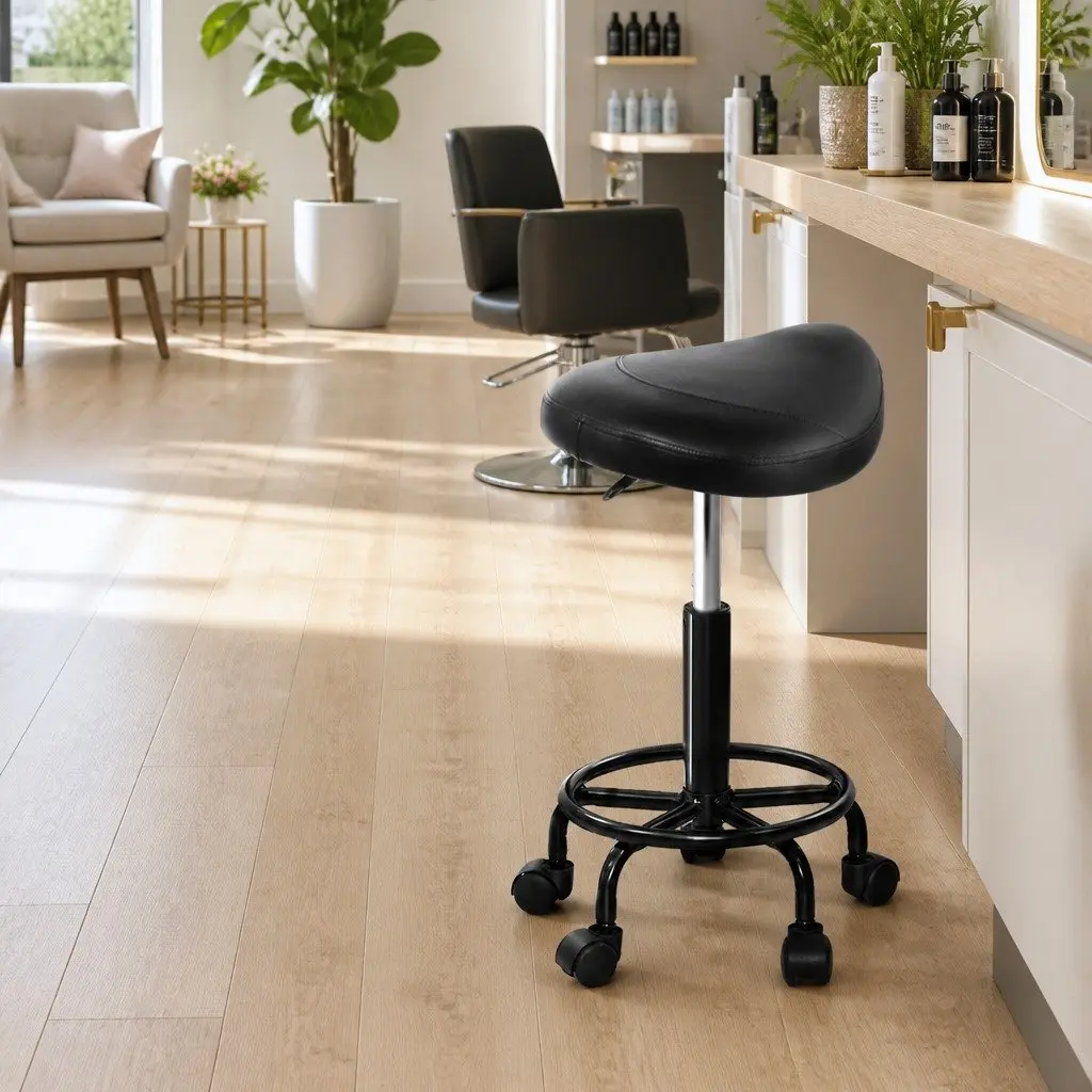 Salon Stool Saddle Swivel Chair Adjustable Height Black PU Leather Comfort Seat