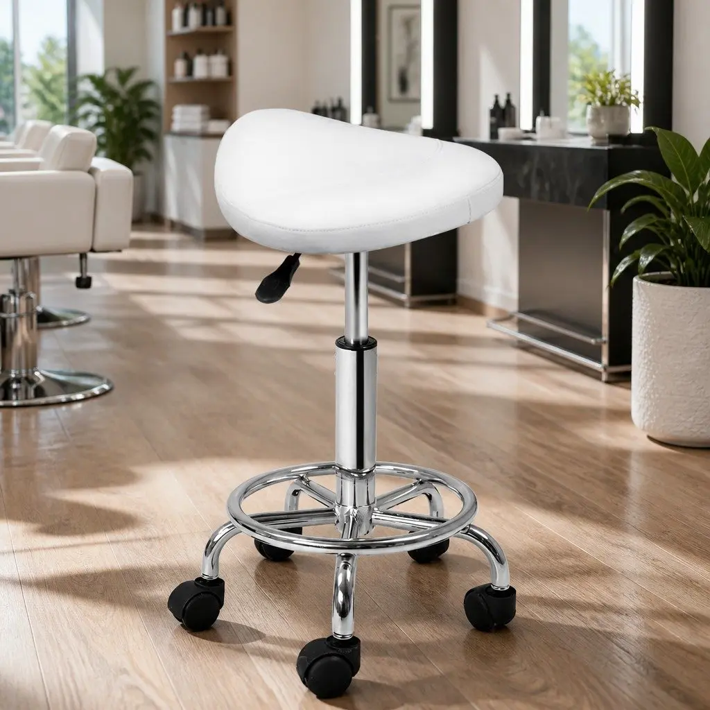 White Saddle Swivel Stool with Adjustable Height and Castor Wheels