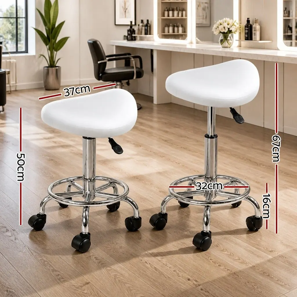White Saddle Swivel Stool with Adjustable Height and Castor Wheels