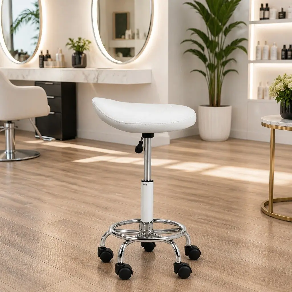 White Saddle Swivel Stool with Adjustable Height and Castor Wheels