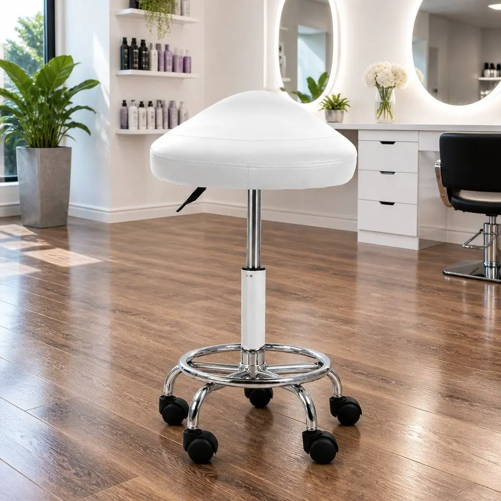 White Saddle Swivel Stool with Adjustable Height and Castor Wheels