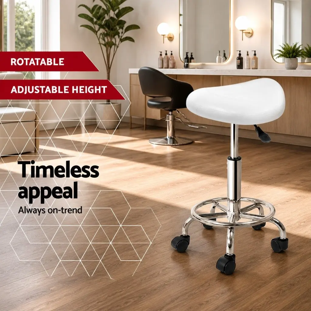 White Saddle Swivel Stool with Adjustable Height and Castor Wheels