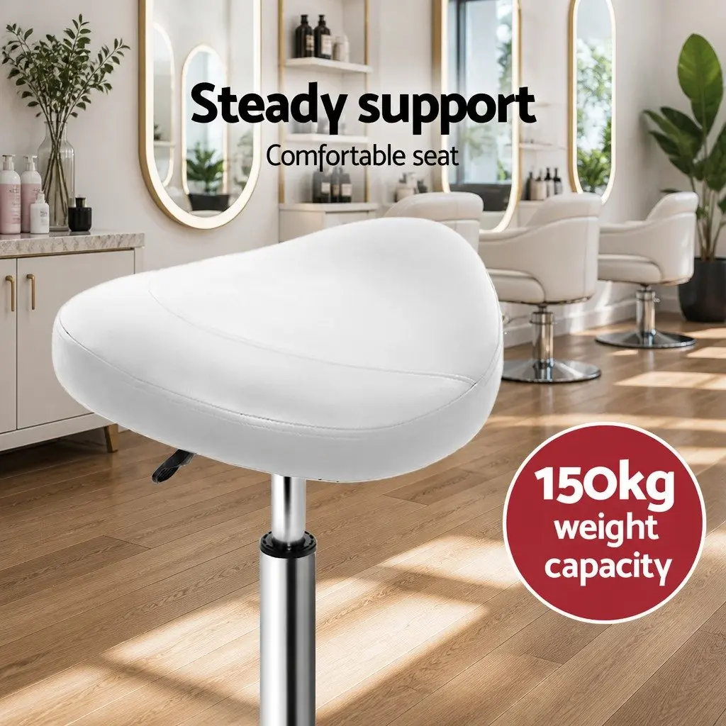 White Saddle Swivel Stool with Adjustable Height and Castor Wheels
