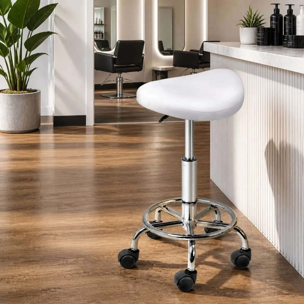 White Saddle Swivel Stool with Adjustable Height and Castor Wheels