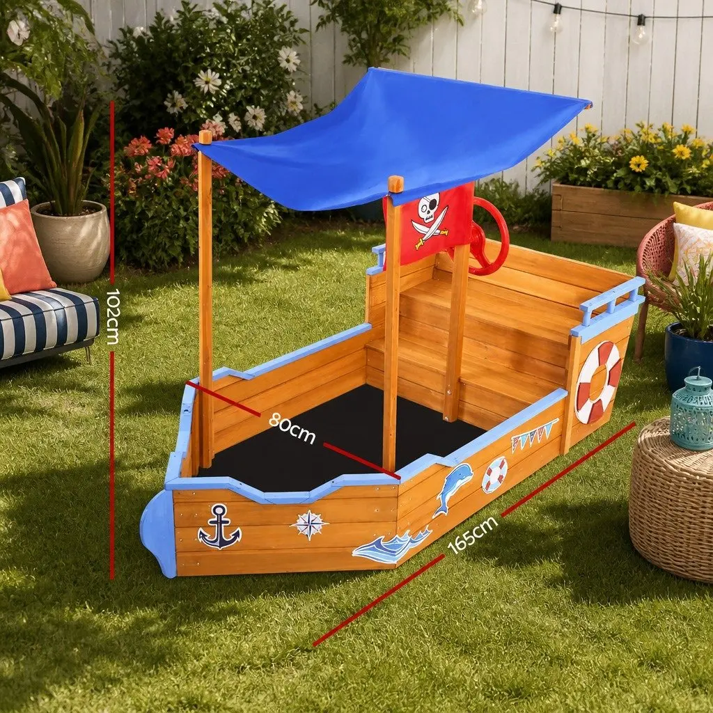 Kids Wooden Boat Sandbox for Outdoor Play with Canopy Bench Seat Steering Wheel 80 x 165 x 102cm