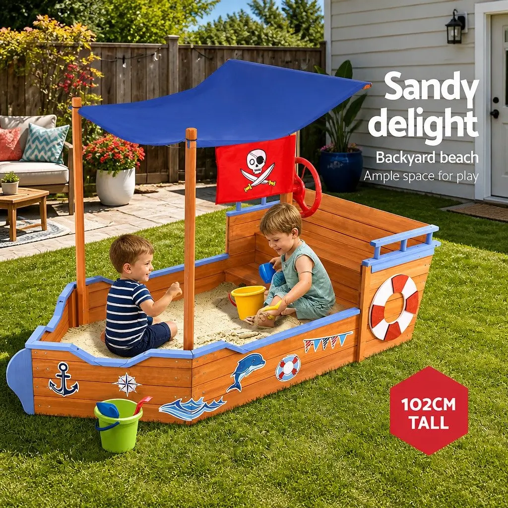 Kids Wooden Boat Sandbox for Outdoor Play with Canopy Bench Seat Steering Wheel 80 x 165 x 102cm