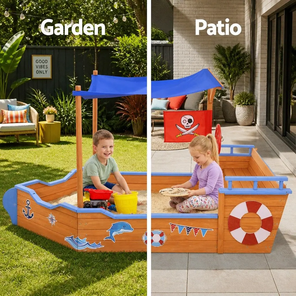 Kids Wooden Boat Sandbox for Outdoor Play with Canopy Bench Seat Steering Wheel 80 x 165 x 102cm