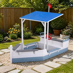 Kids Wooden Sandpit Boat-Shaped Sandbox Outdoor Play Canopy Flag Toy Blue White