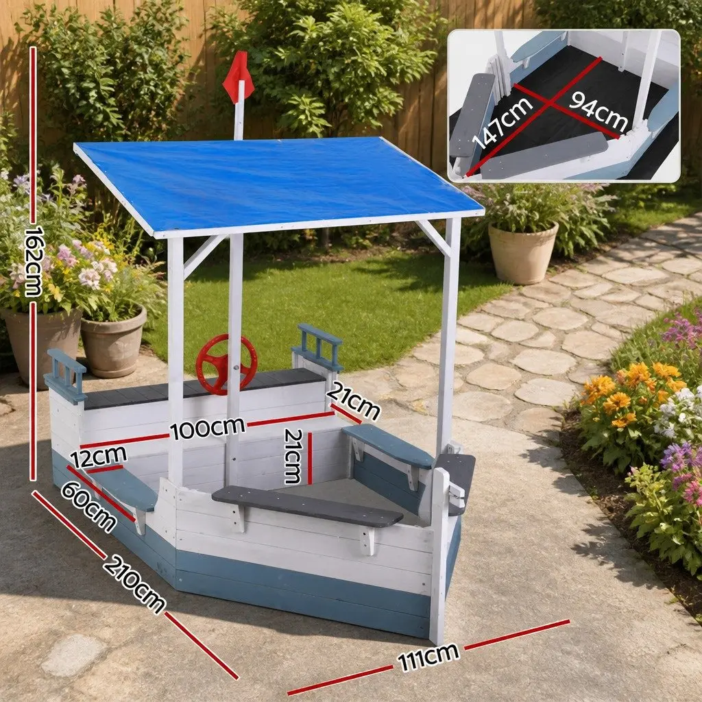 Wooden Sandbox Outdoor Play Boat-Shaped with Canopy for Kids Size L210cm x W110cm x H159cm