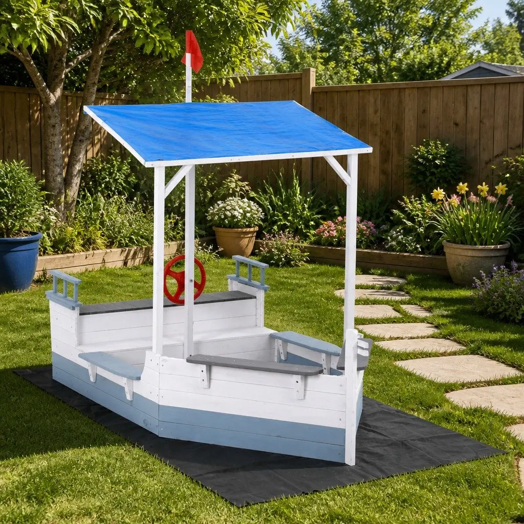 Wooden Sandbox Outdoor Play Boat-Shaped with Canopy for Kids Size L210cm x W110cm x H159cm