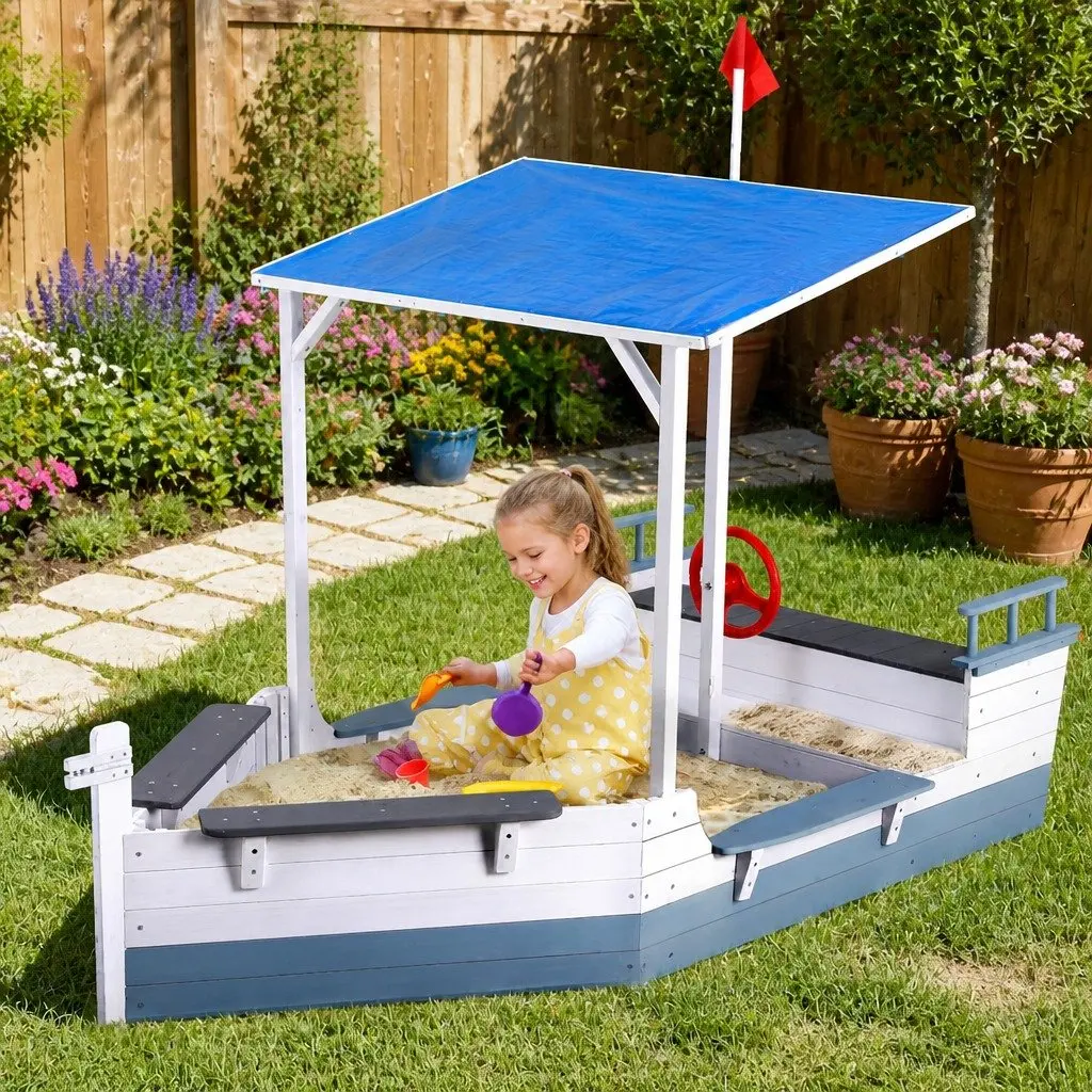 Wooden Sandbox Outdoor Play Boat-Shaped with Canopy for Kids Size L210cm x W110cm x H159cm