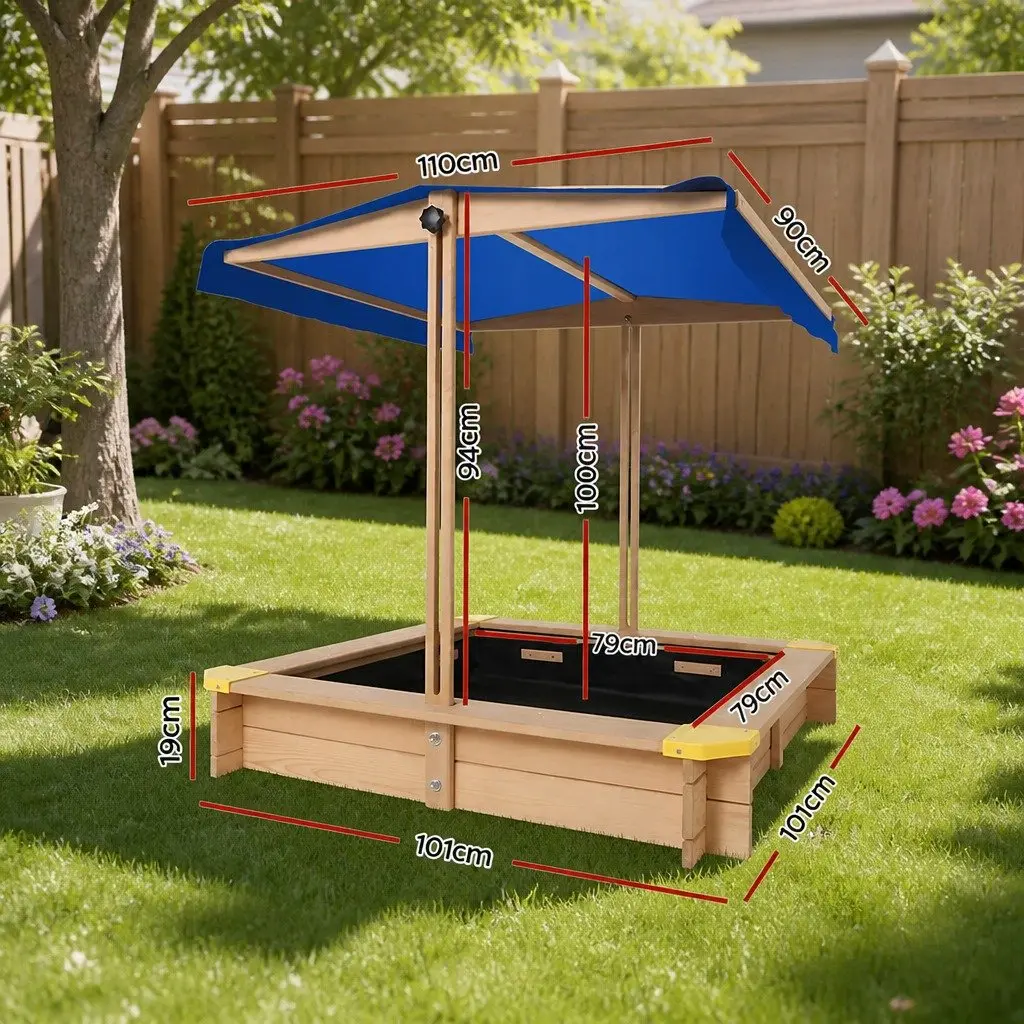 Kids Wooden Sandbox Outdoor Play Equipment 101cm Square with Canopy and Bench Seat