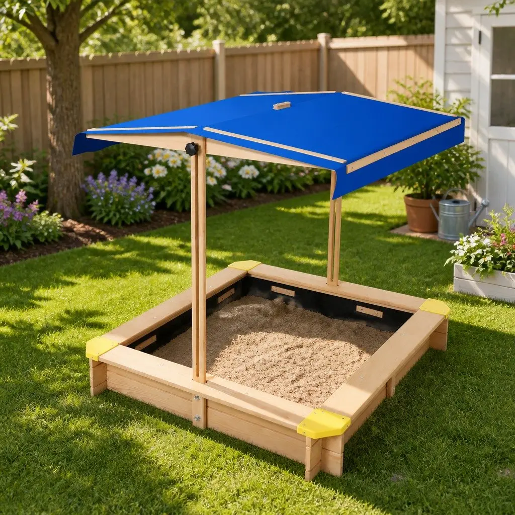 Kids Wooden Sandbox Outdoor Play Equipment 101cm Square with Canopy and Bench Seat
