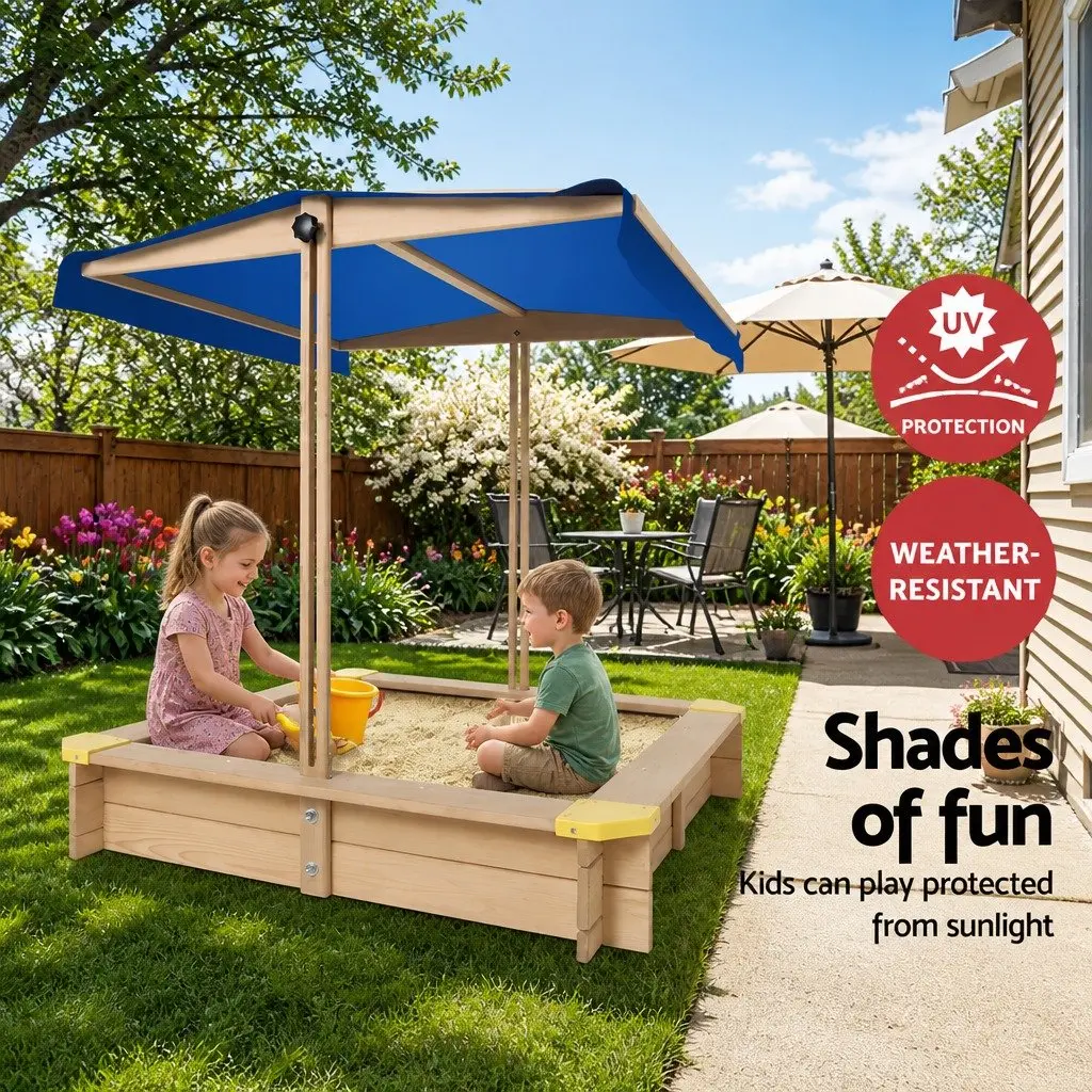 Kids Wooden Sandbox Outdoor Play Equipment 101cm Square with Canopy and Bench Seat