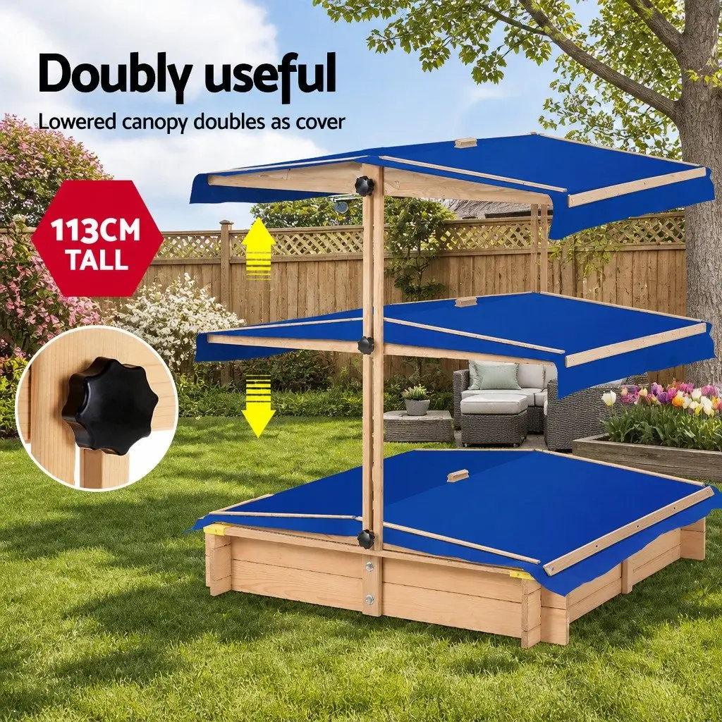 Kids Wooden Sandbox Outdoor Play Equipment 101cm Square with Canopy and Bench Seat