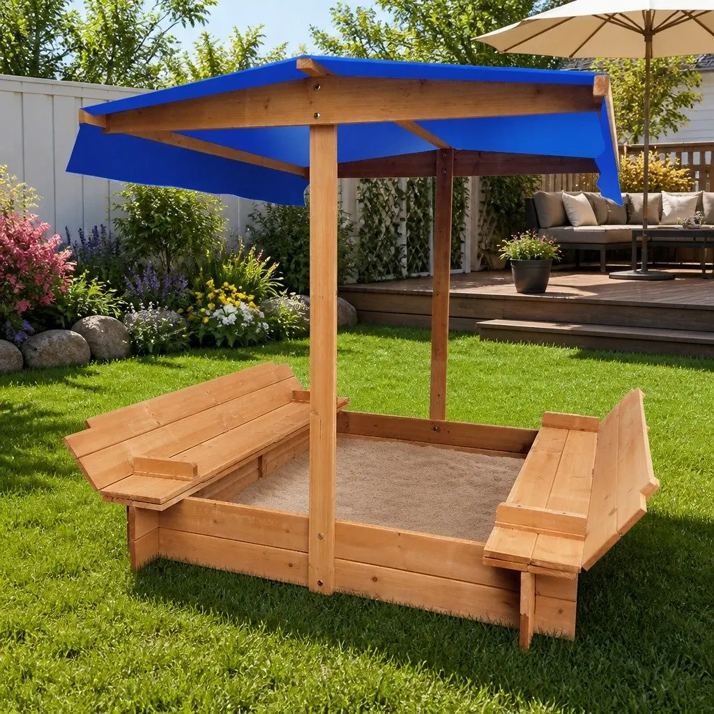 Kids Canopy Sandbox Outdoor Play 120cm Wooden Sand Pit with Foldable Seat Cover