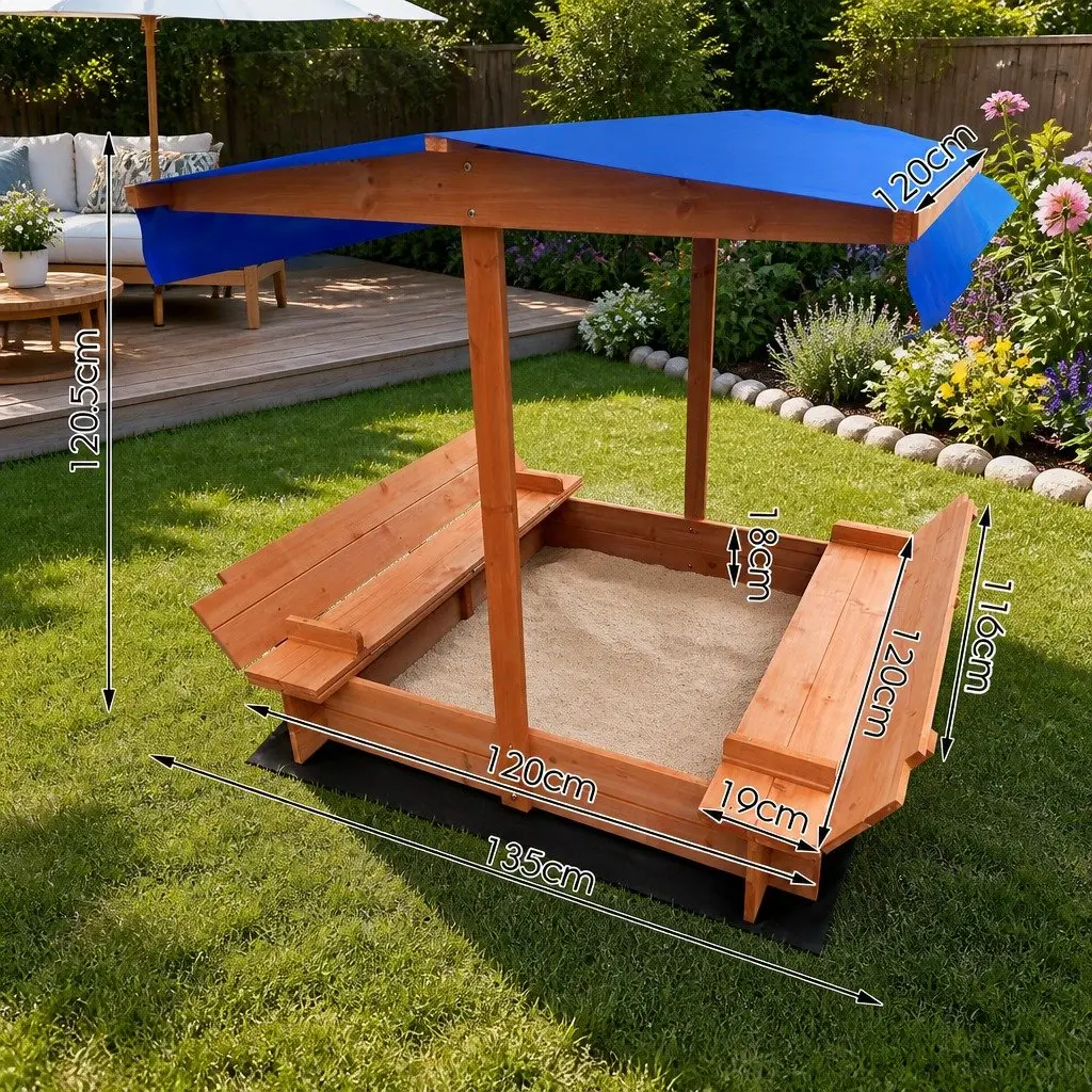 Kids Canopy Sandbox Outdoor Play 120cm Wooden Sand Pit with Foldable Seat Cover