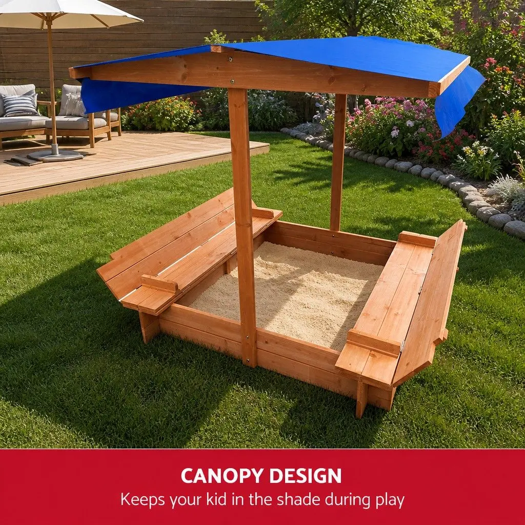 Kids Canopy Sandbox Outdoor Play 120cm Wooden Sand Pit with Foldable Seat Cover