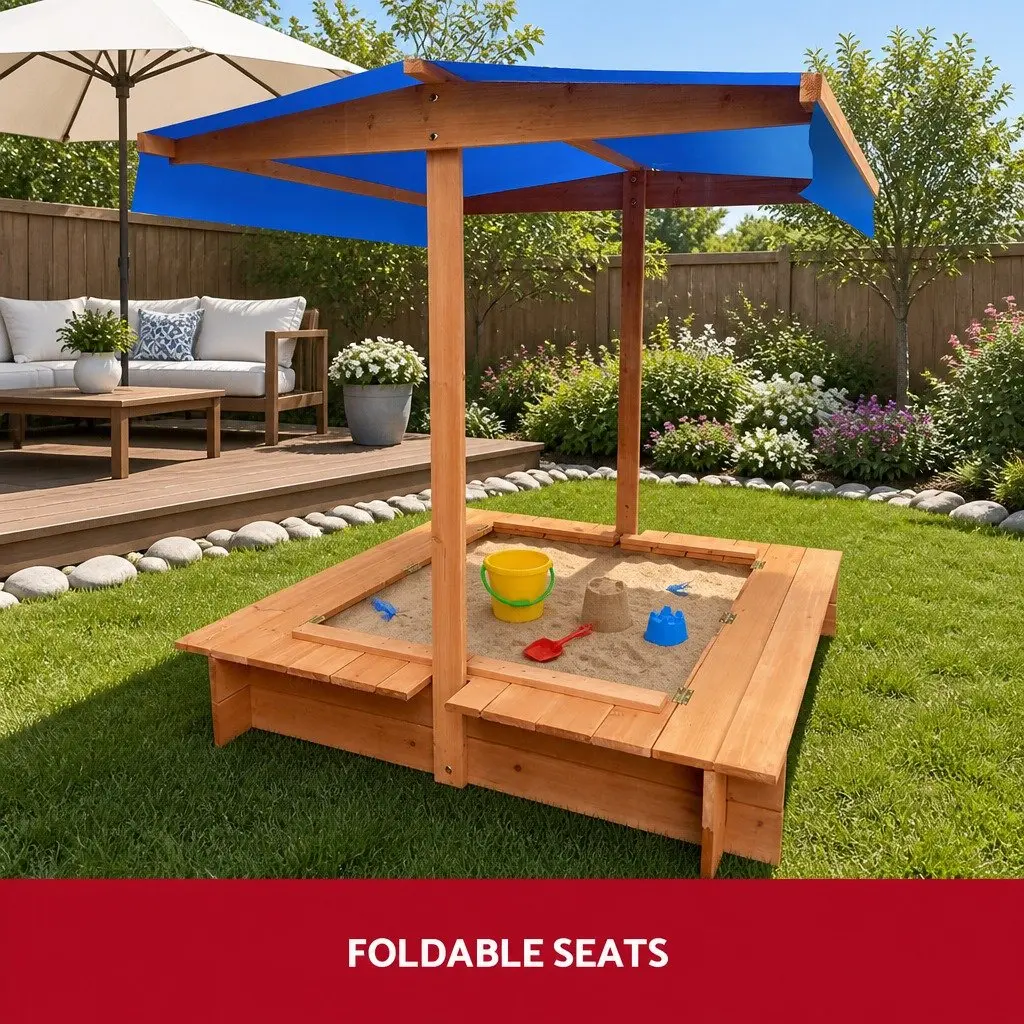 Kids Canopy Sandbox Outdoor Play 120cm Wooden Sand Pit with Foldable Seat Cover