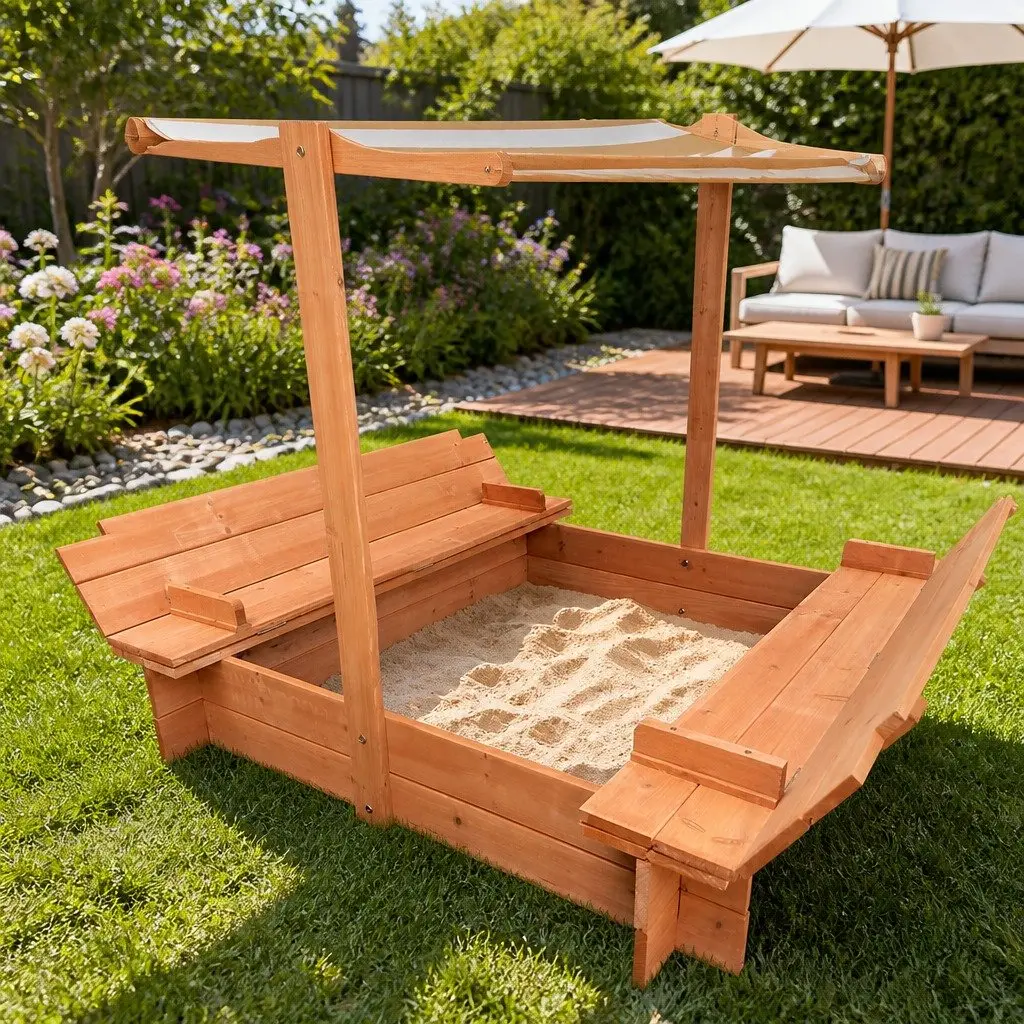 Kids Canopy Sandbox Outdoor Play 120cm Wooden Sand Pit with Foldable Seat Cover