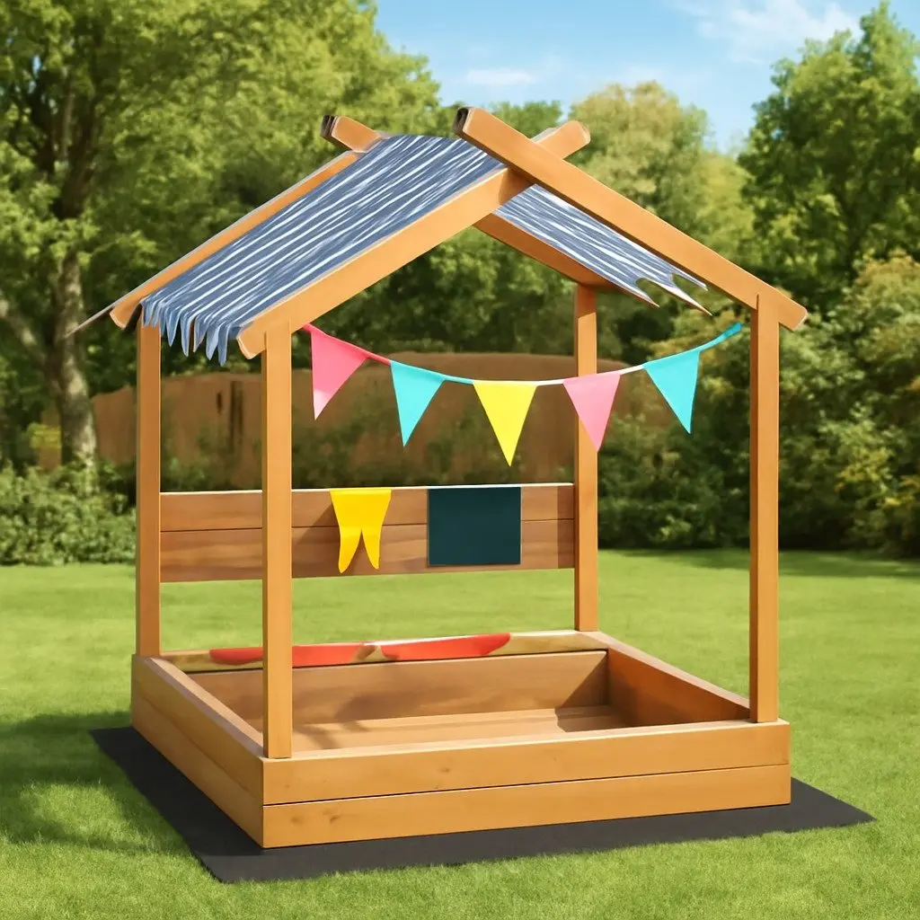 Kids Wooden Sandbox with Canopy and Drawing Board