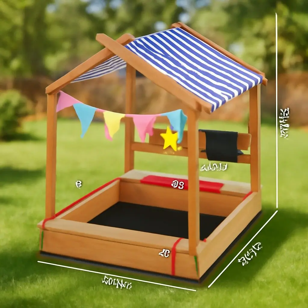 Kids Wooden Sandbox with Canopy and Drawing Board
