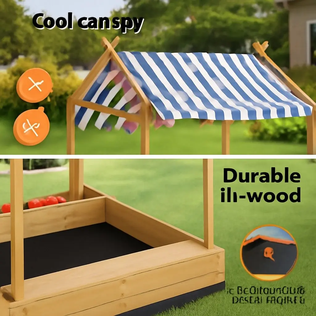 Kids Wooden Sandbox with Canopy and Drawing Board