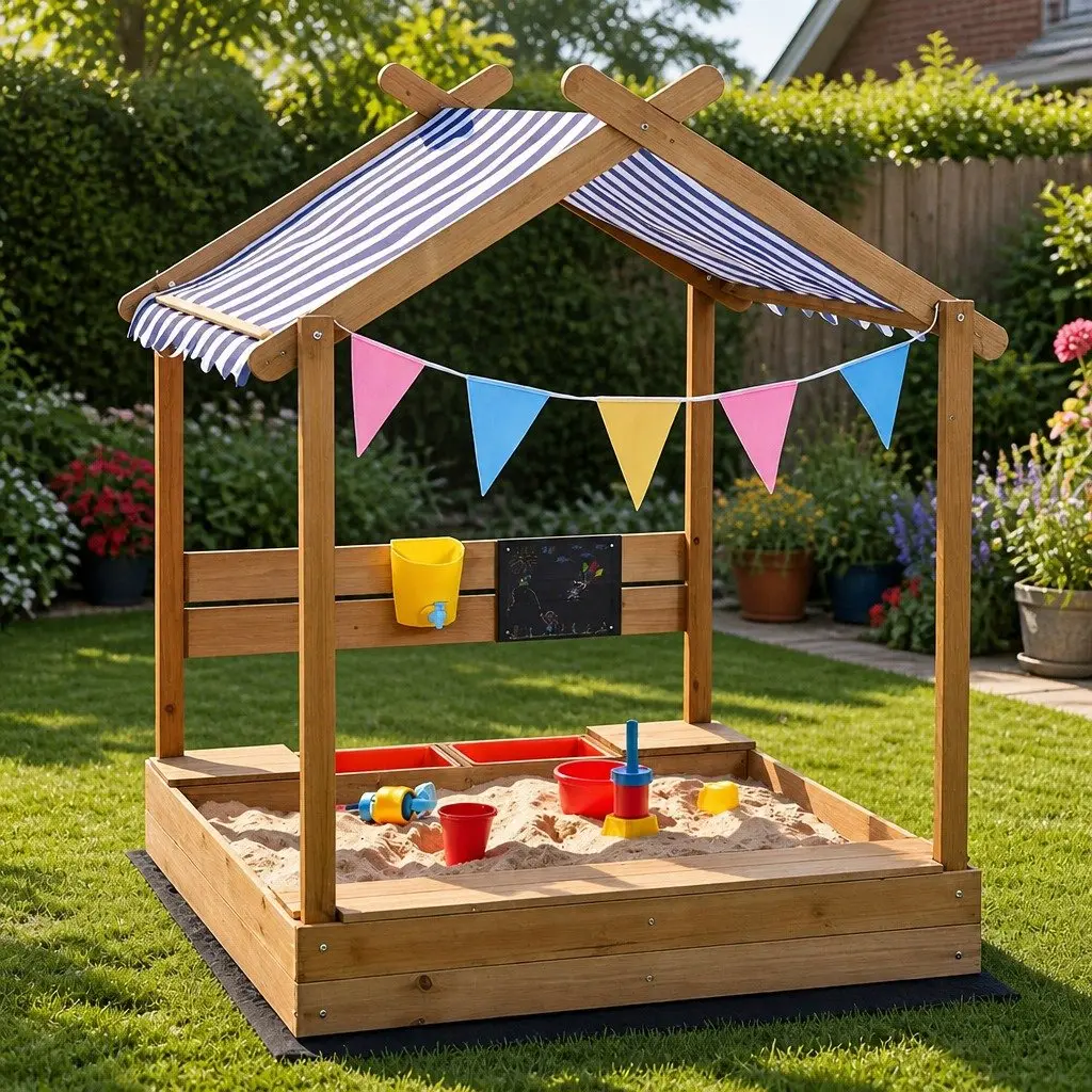 Kids Wooden Sandbox with Canopy and Drawing Board