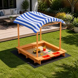 Kids Wooden Sandbox 146cm Sand Pit with Canopy Dual Basin Water Play Outdoor